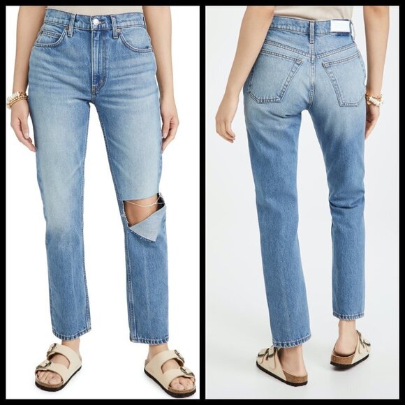 💕RE/DONE💕 70's Straight Leg Jeans ~ Daring Indigo With Rip High Waist 31 NWOT - Picture 5 of 16